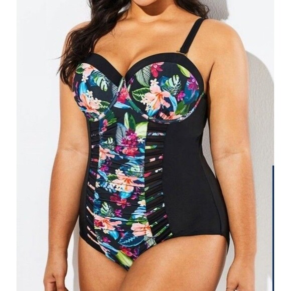 Swimsuits For All One Piece Black Floral Adjustable Underwire Ruched Cutout - Picture 1 of 11
